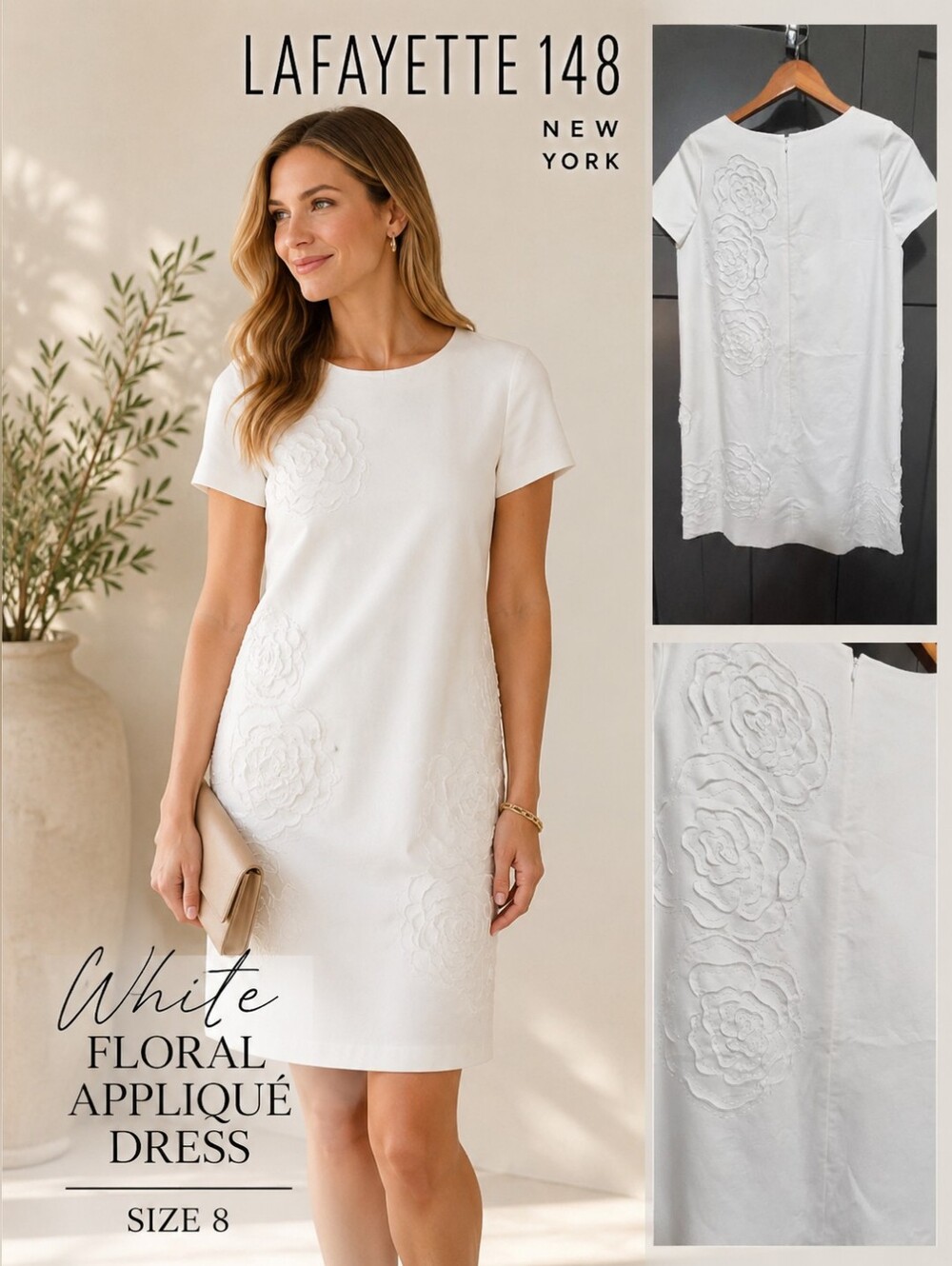 Lafayette 148 NY White Floral Appliqué Sheath Dress Size 8